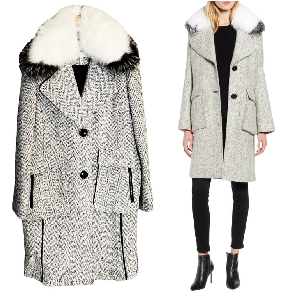 DEREK LAM 10 CROSBY Tweed Coat Wool Fur Collar Pockets White Black Designer 8